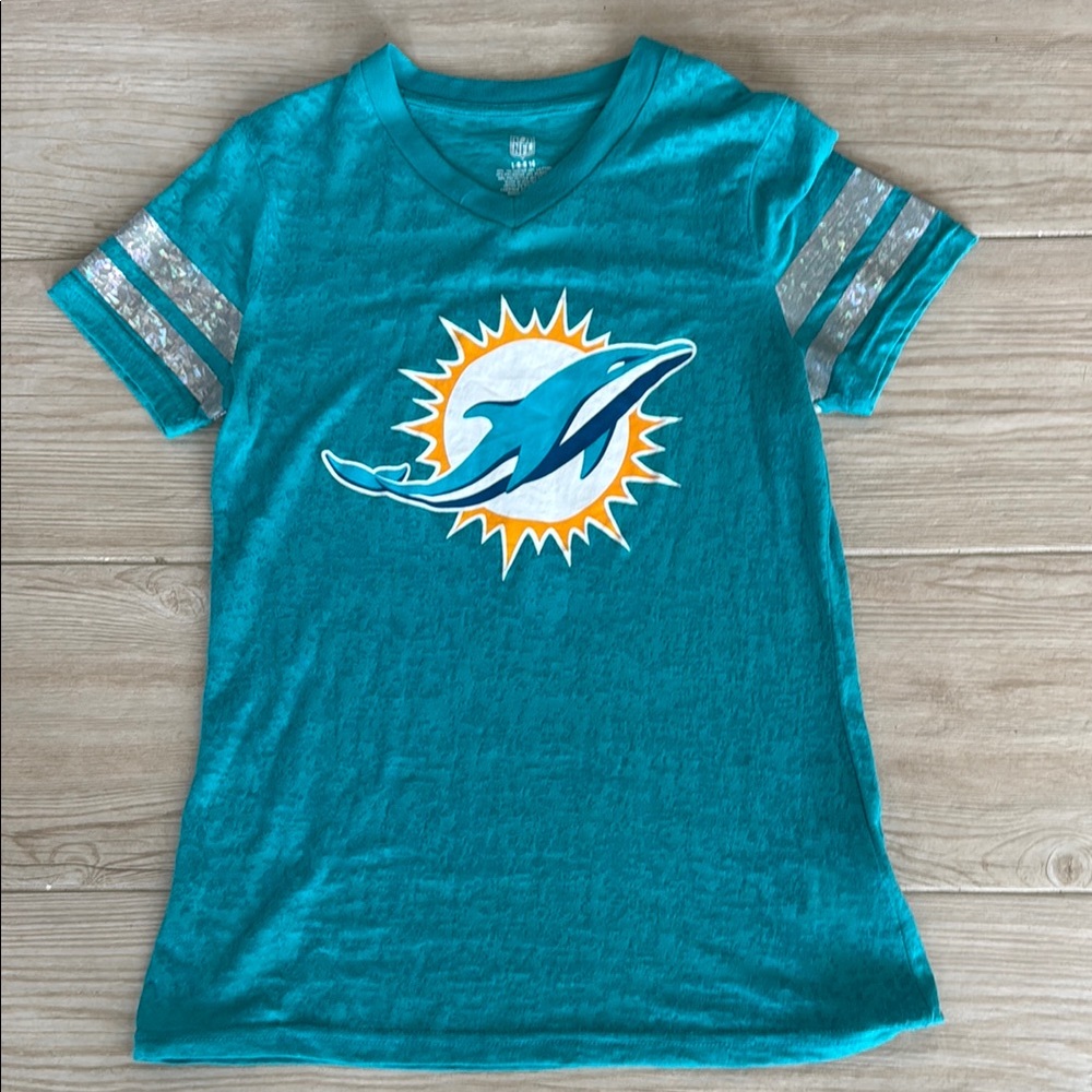 Miami Dolphins Burnout T-Shirt with Metallic Arm Bands Kid Large or Women Small